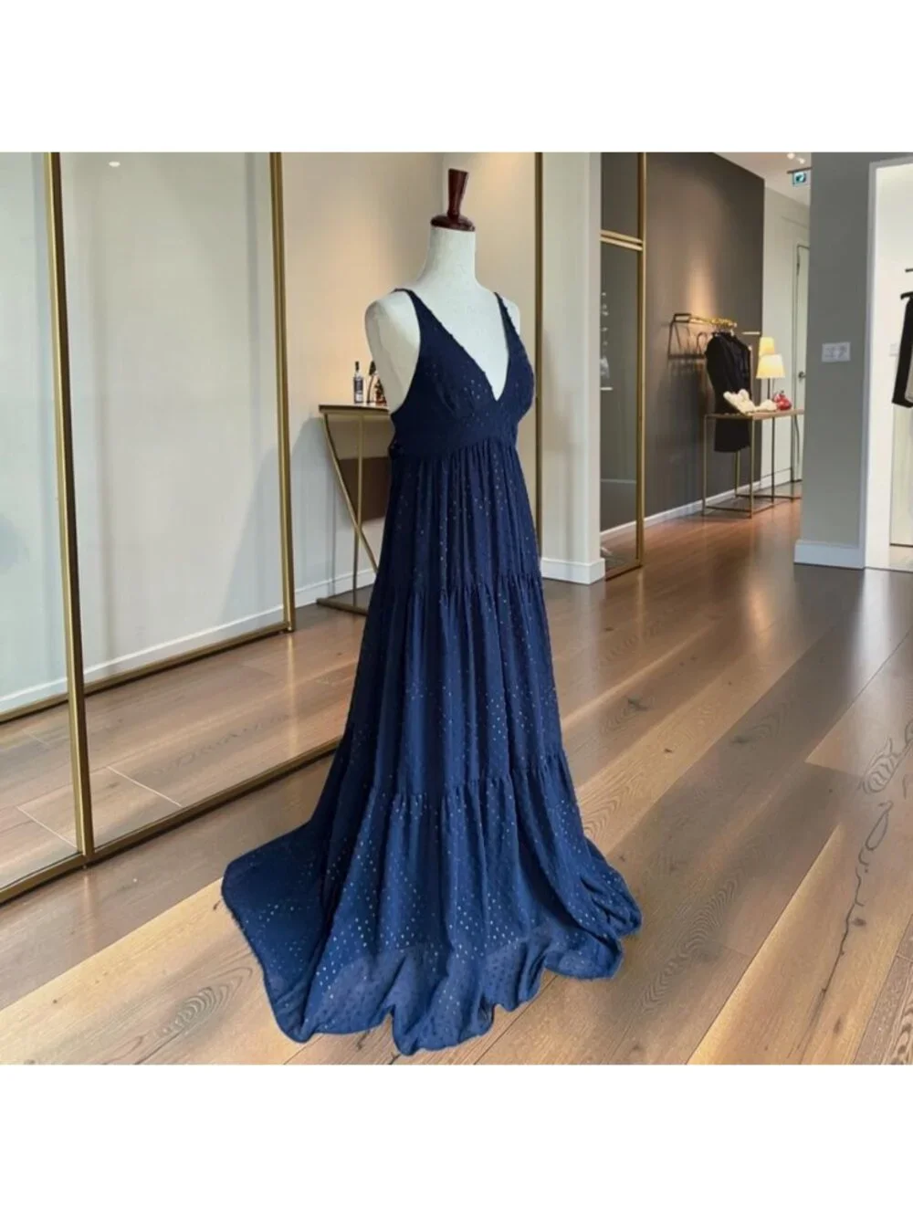 Le Superbe Starry Night Navy Blue Metallic Swiss Dot Tiered Maxi Dress Size 8 - Picture 8 of 10